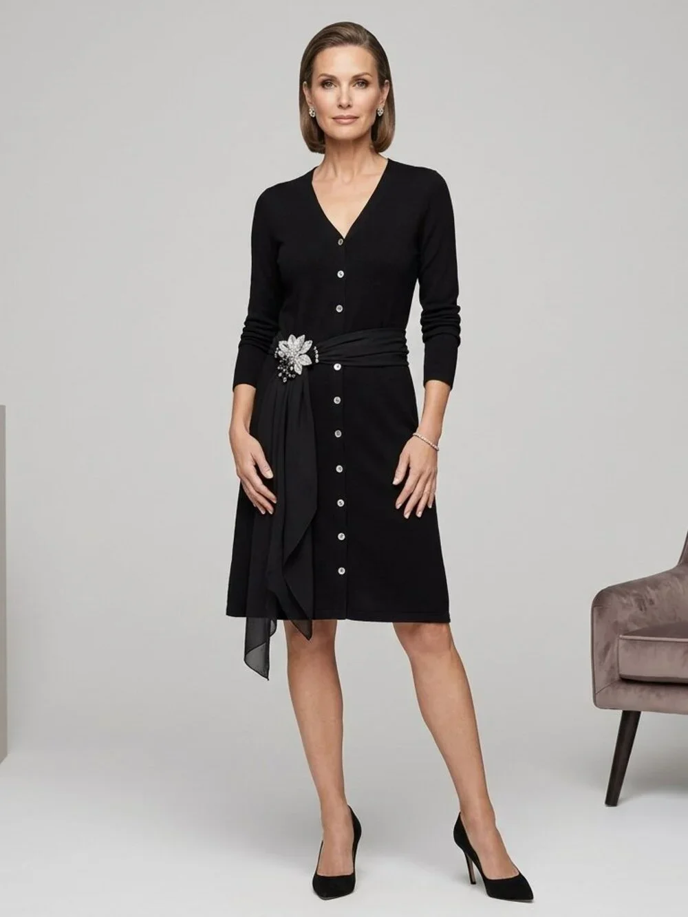 Lark + Grey Black Knit Button Up Cardigan Sweater Dress
